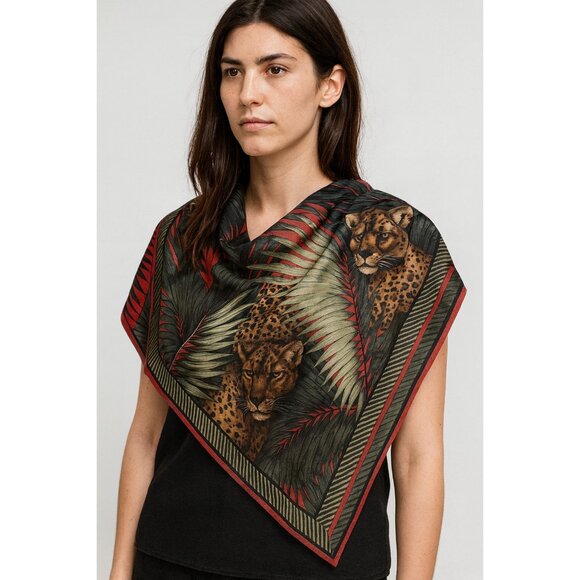 Ellen Tracy 34” Square Scarf Leopard Jungle Print Tropical Boho Wrap Shawl - Picture 8 of 8